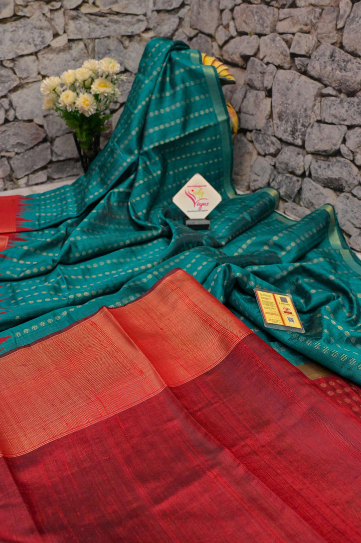 Deep Teal Green and Red Color Dupion Silk Saree with Zari Butta Work