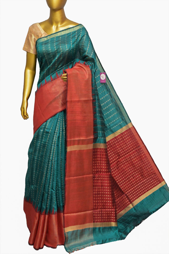 Deep Teal Green and Red Color Dupion Silk Saree with Zari Butta Work