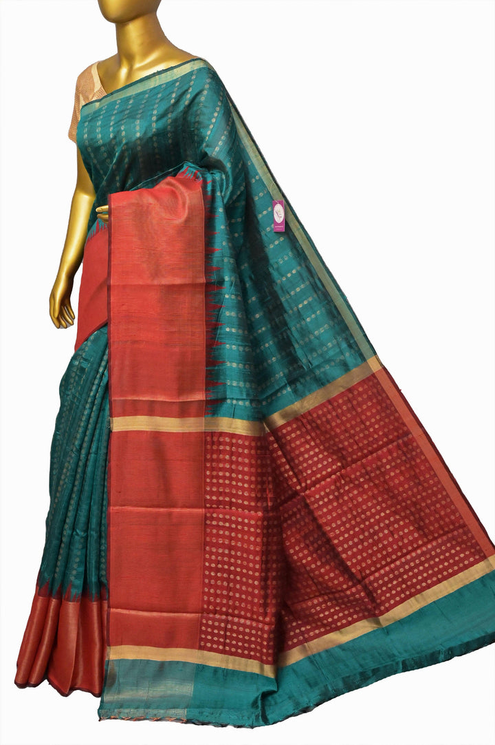 Deep Teal Green and Red Color Dupion Silk Saree with Zari Butta Work