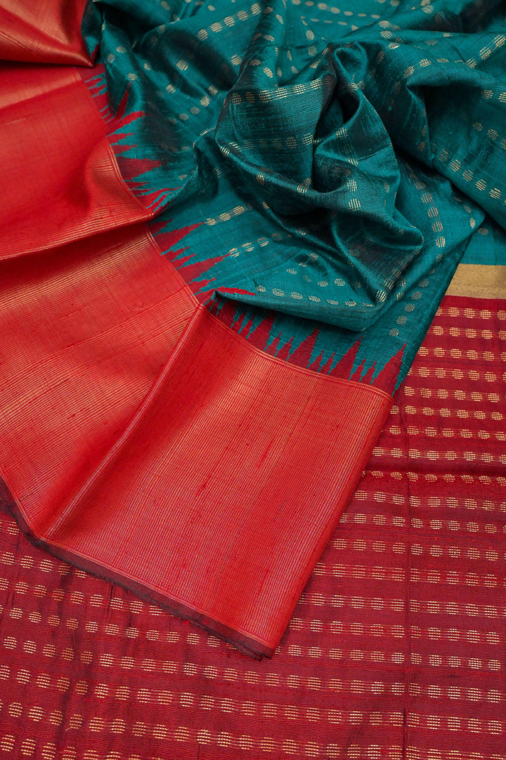 Deep Teal Green and Red Color Dupion Silk Saree with Zari Butta Work