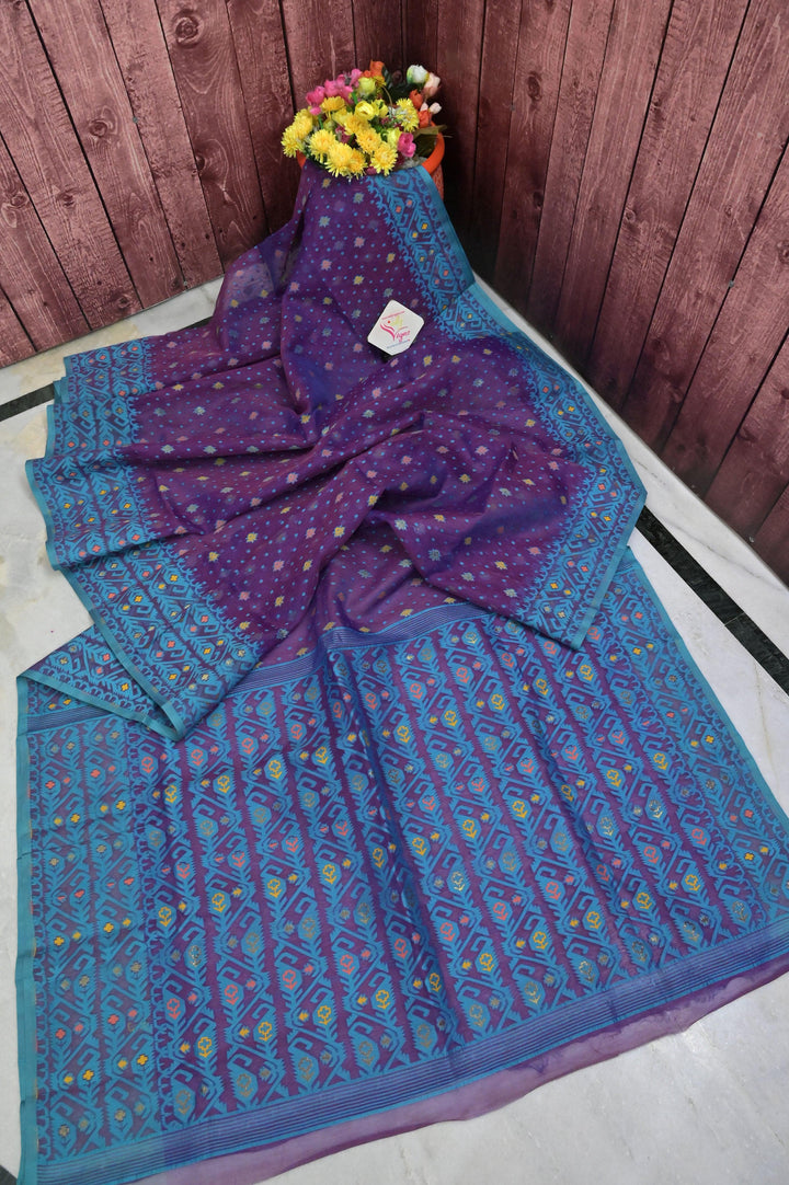 Deep Violet and Blue Color Jamdani Saree