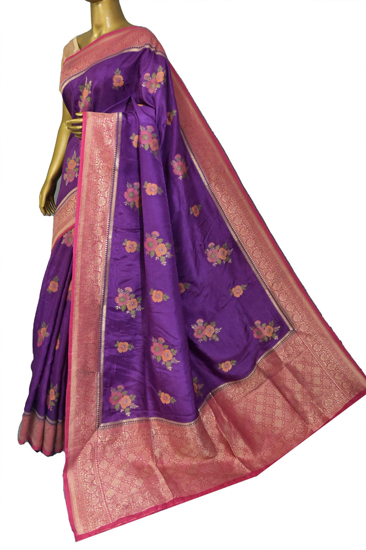 Deep Violet Color Muga Banarasi Saree with Meenakari Butta Work and Golden Zari Border