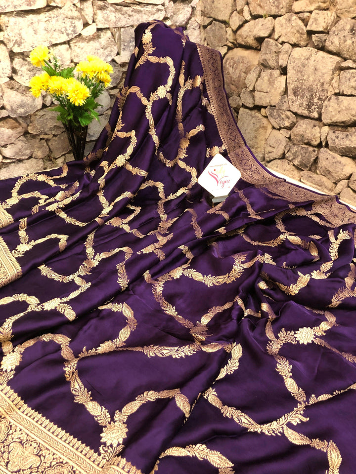 Deep Violet Color Pure Satin Banarasi Saree