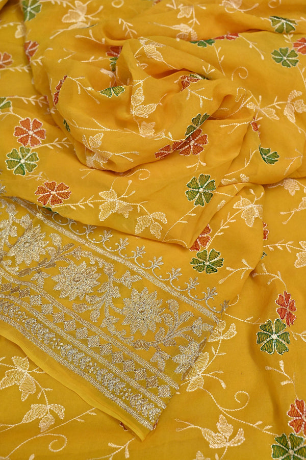 Deep Yellow Color Georgette Saree with Machine Embroidery