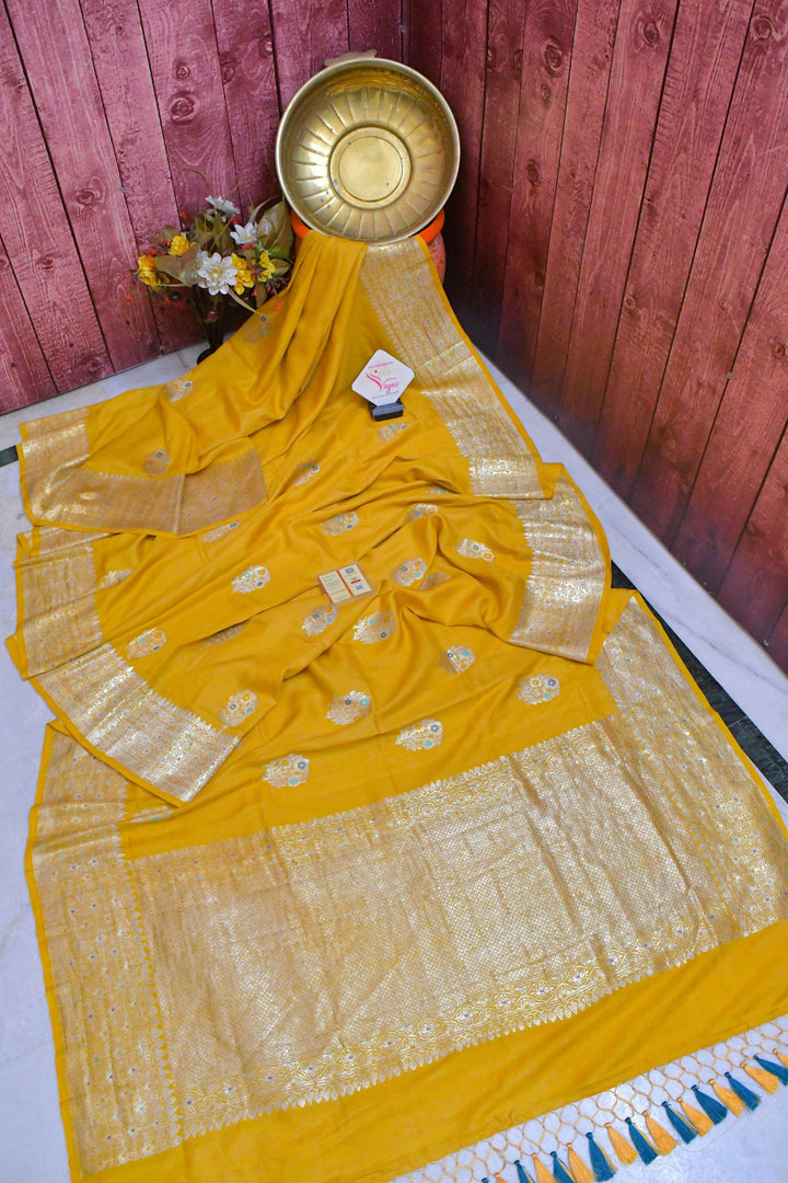 Deep Yellow Color Tussar Georgette Meenakari Banarasi