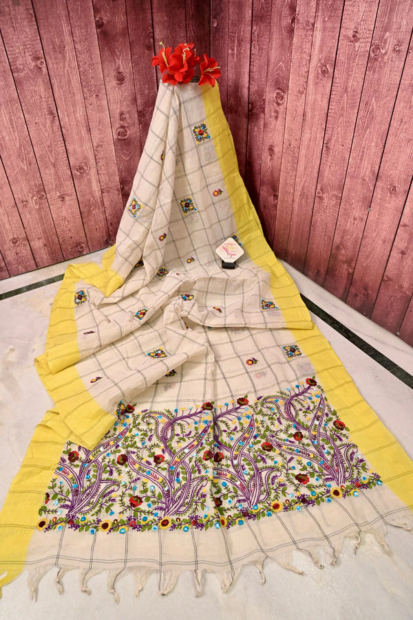 Dhaniakhali Bengal Cotton Saree in Offwhite and Yellow Color with Checks Weaving Work and Bullion Parsi Hand Embroidery Work
