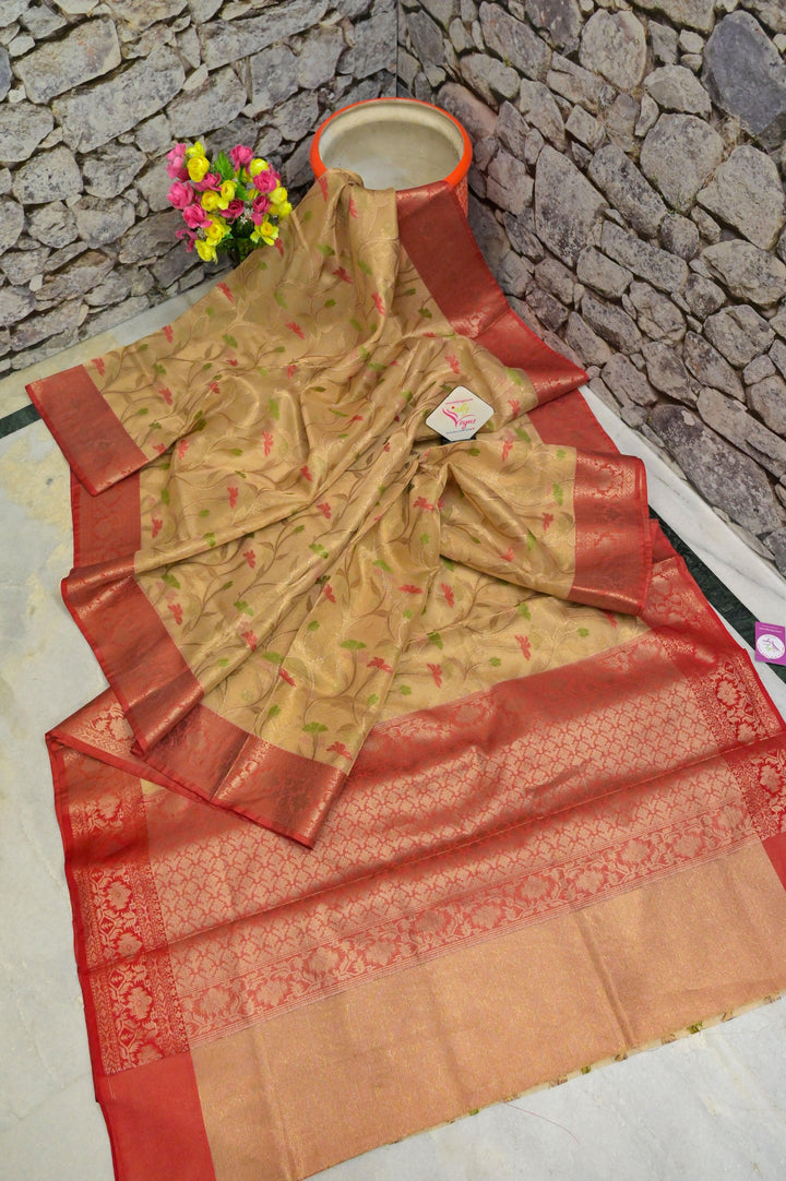 Dirt Golden Color Tissue Banarasi Saree with Allover Jaal Work