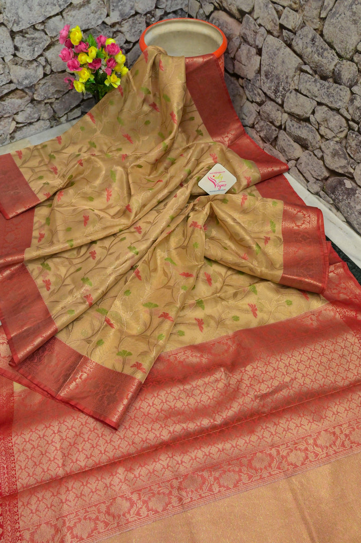 Dirt Golden Color Tissue Banarasi Saree with Allover Jaal Work
