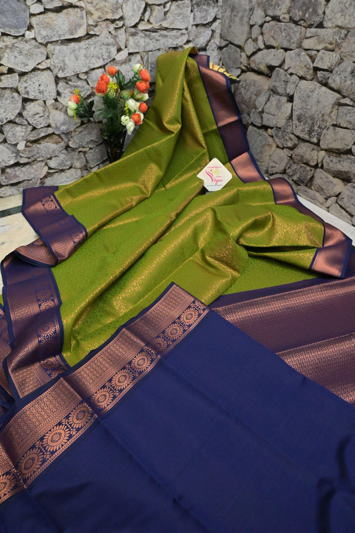 Dirty Parrot Green Color Brocade South Silk Saree with Copper Zari Work