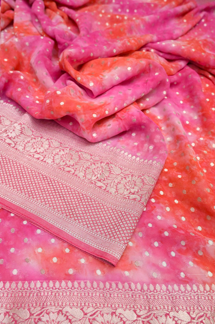Dual Magenta Color Georgette Banarasi Saree with Silver Zari and Tie-Dye Work