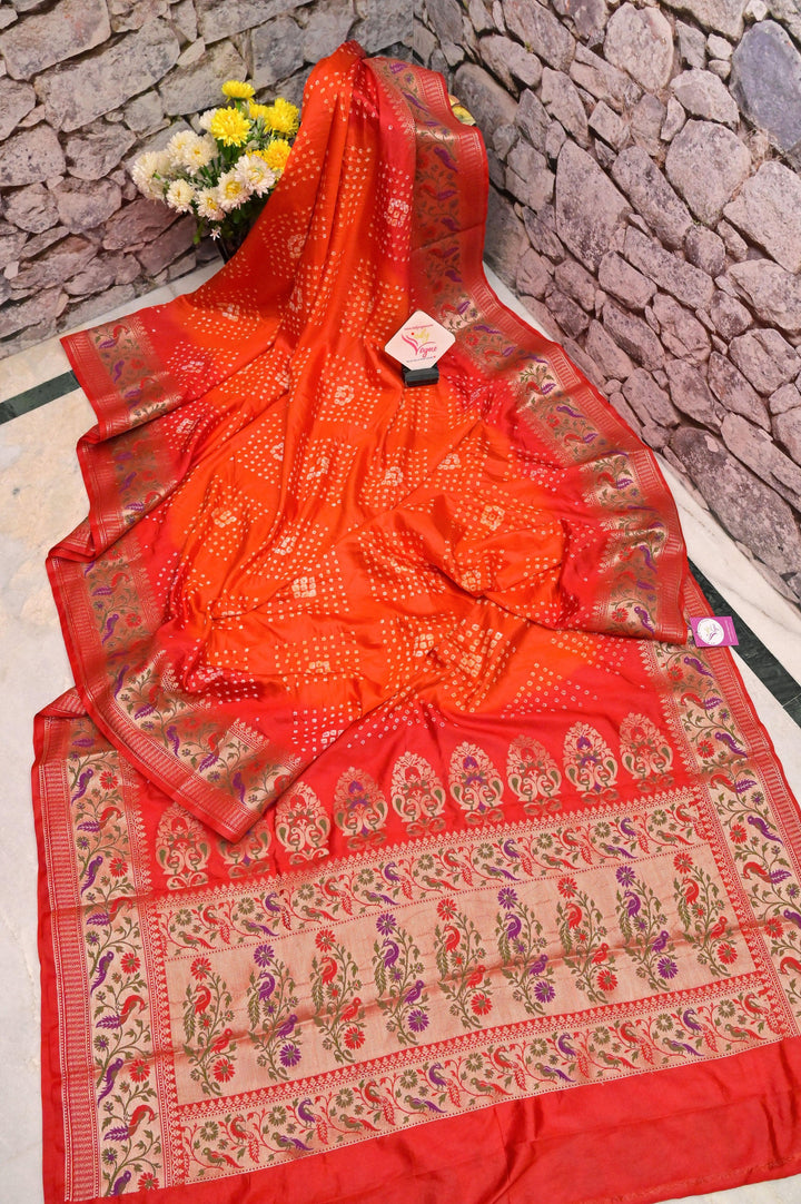 Dual-Tone and Magenta and Orange Color Dupion Silk Saree with Paithani Design & Hand Bandhani Work