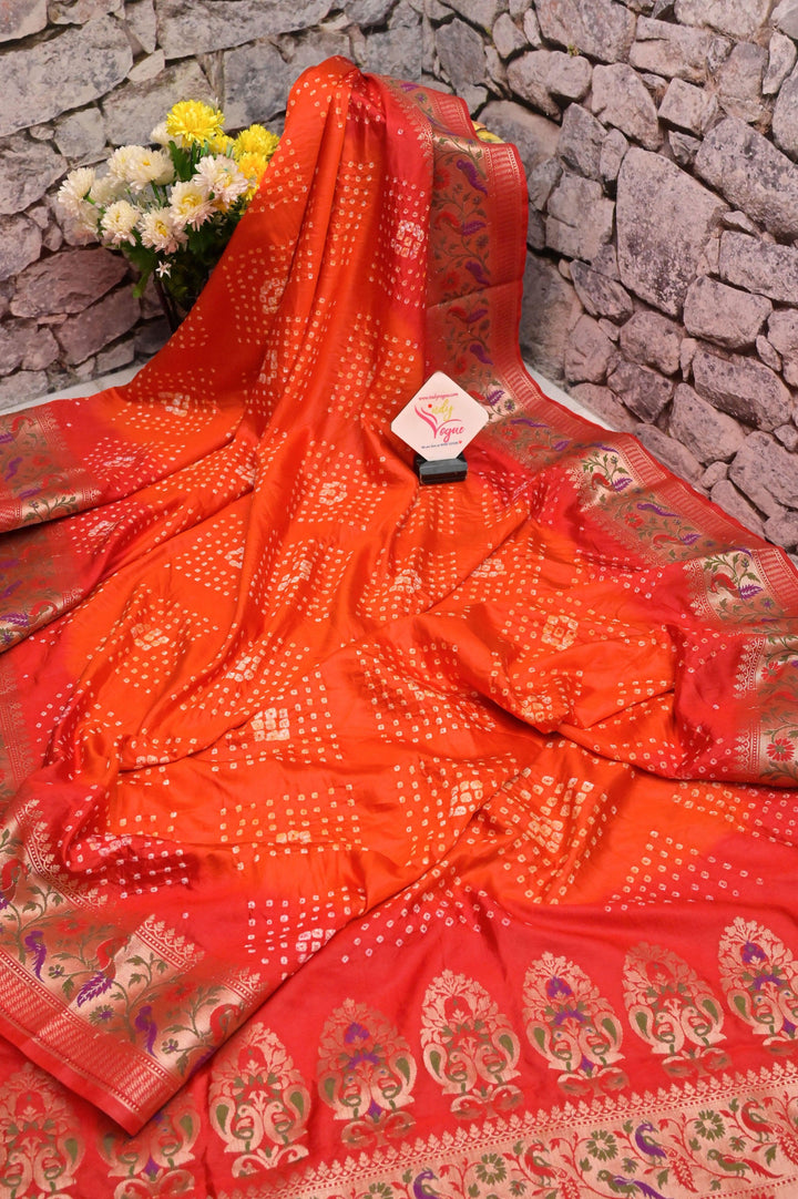Dual-Tone and Magenta and Orange Color Dupion Silk Saree with Paithani Design & Hand Bandhani Work