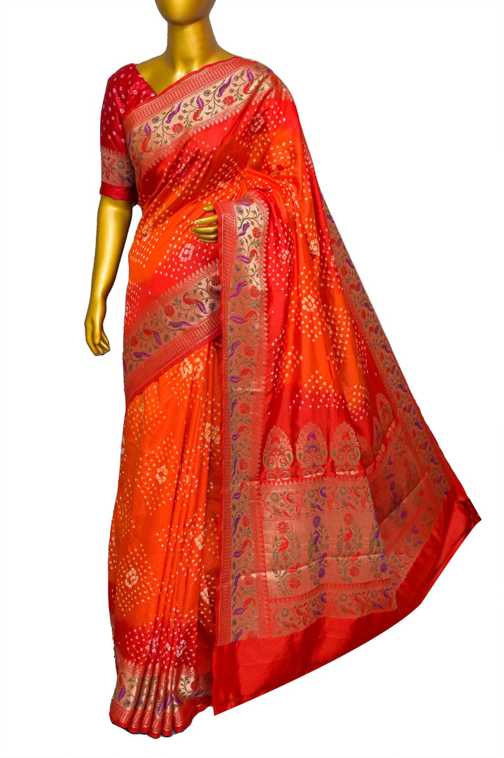 Dual-Tone and Magenta and Orange Color Dupion Silk Saree with Paithani Design & Hand Bandhani Work