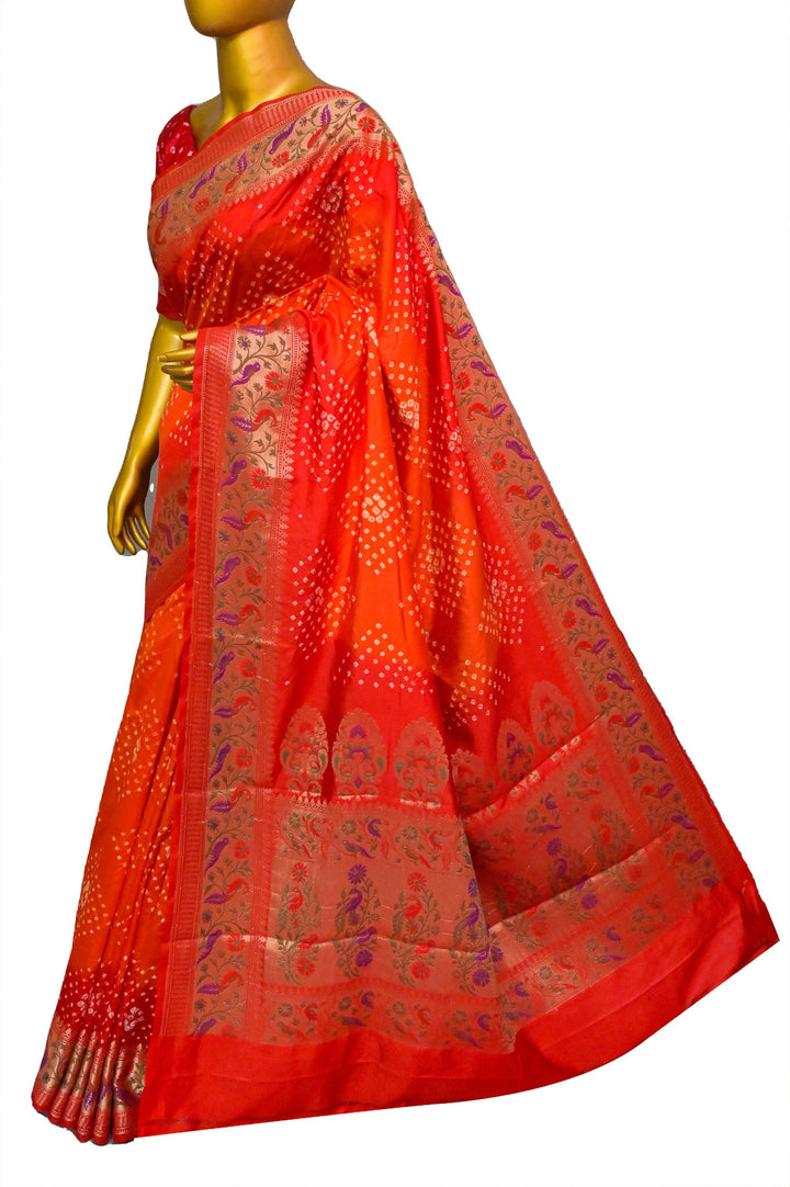 Dual-Tone and Magenta and Orange Color Dupion Silk Saree with Paithani Design & Hand Bandhani Work