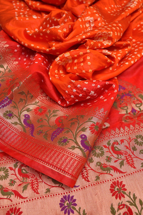 Dual-Tone and Magenta and Orange Color Dupion Silk Saree with Paithani Design & Hand Bandhani Work