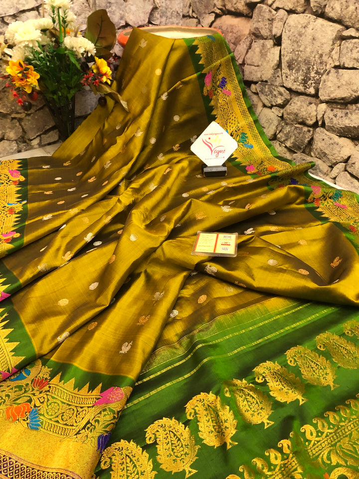 Dual Tone Elachi Golden Color Pure Gadwal Silk with Kanchi Border