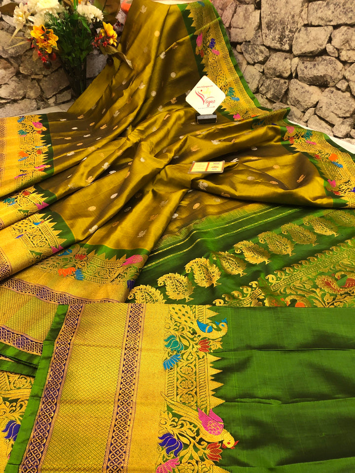 Dual Tone Elachi Golden Color Pure Gadwal Silk with Kanchi Border