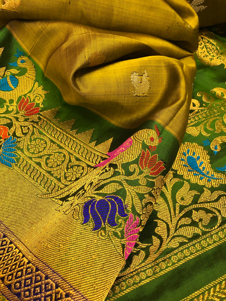 Dual Tone Elachi Golden Color Pure Gadwal Silk with Kanchi Border
