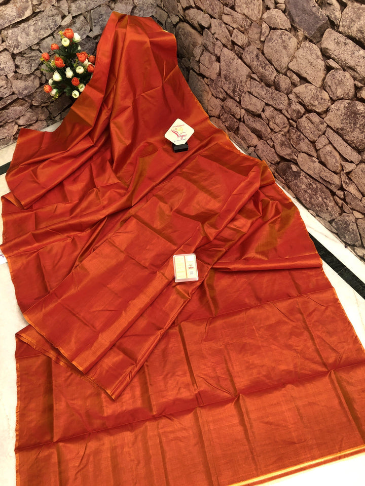 Dual Tone Fire Orange and Yellow Color Bishnupur Silk Saree