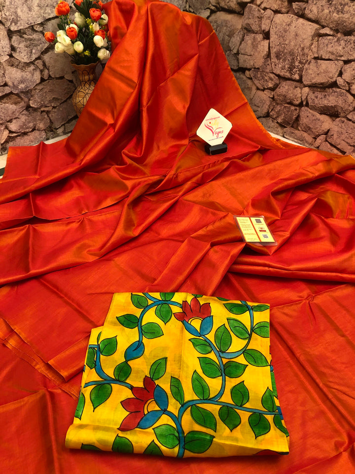 Dual Tone Fire Orange and Yellow Color Bishnupur Silk Saree