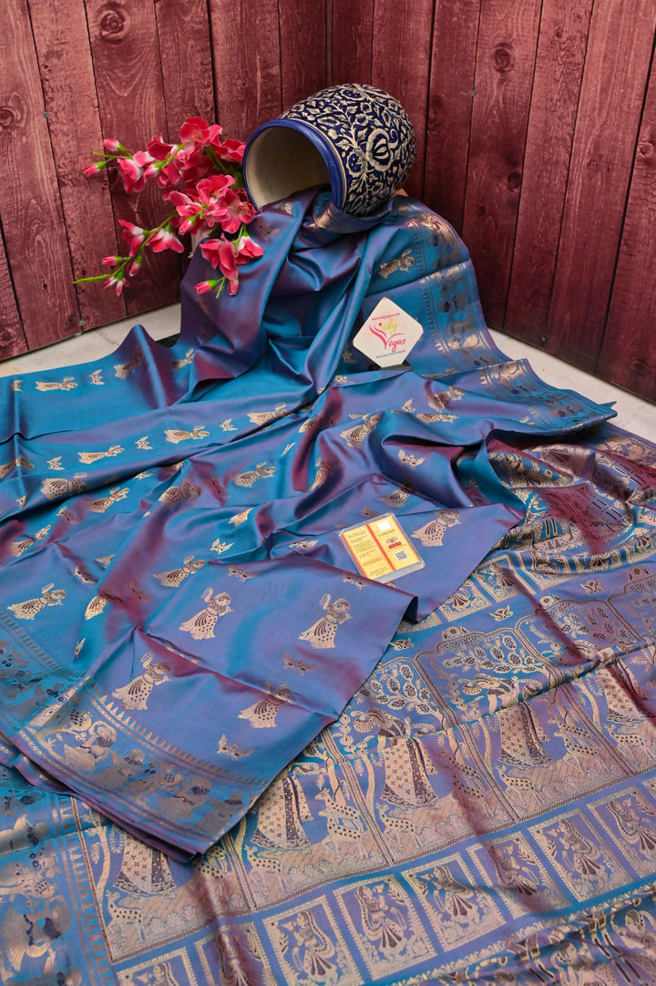 Dual Tone Firozi and Wine Color Pure Baluchari Silk Saree with Meenakari Work