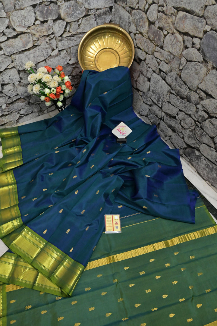 Dual Tone Green and Blue Color Pure Kanjeevaram Silk with Zari Border