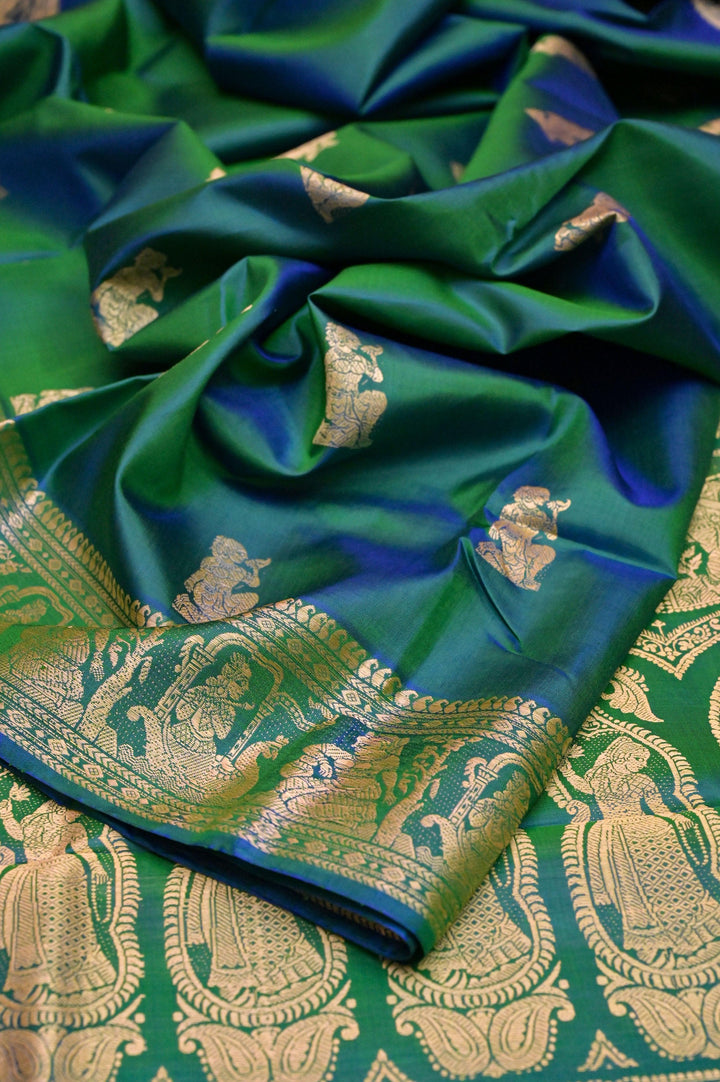Dual-Tone Green and Blue Pure Baluchari with Meenakari Work