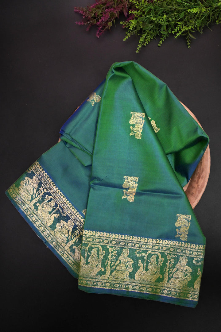 Dual-Tone Green and Blue Pure Baluchari with Meenakari Work