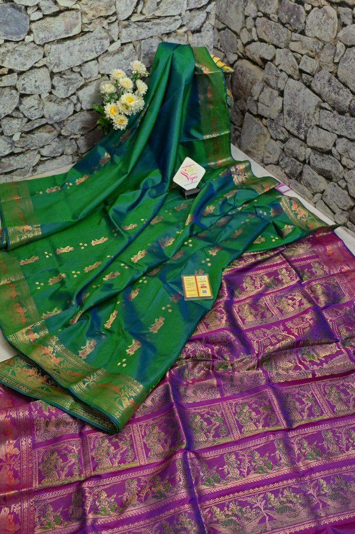 Dual Tone Green Color Baluchari Silk Saree with Contrast Pallu