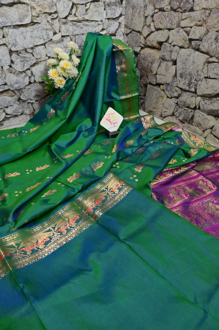 Dual Tone Green Color Baluchari Silk Saree with Contrast Pallu