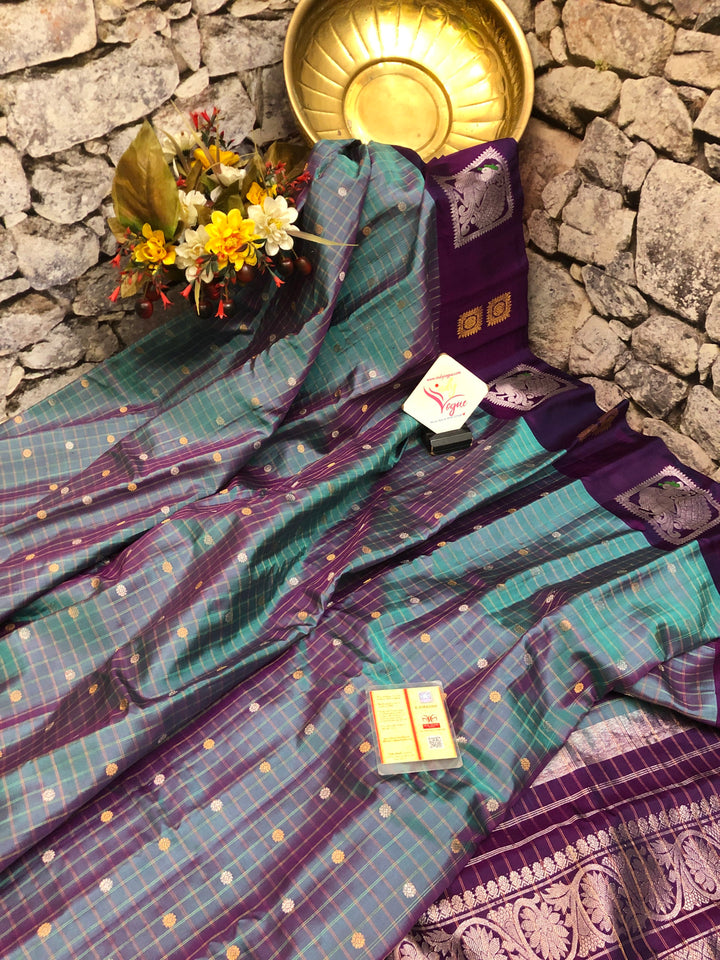Dual Tone Purple Color Gadwal Silk with Zari Checks
