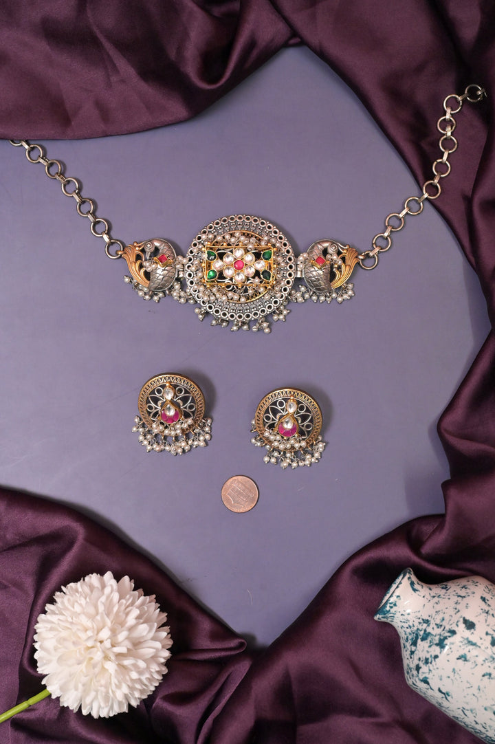 Dual Tone Rajasthani Style Choker Necklace Set in Silver Replica with Pachi Kundan Work