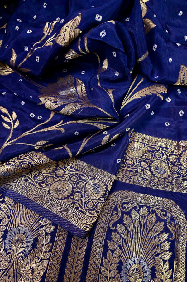 Dupion Silk Saree in Navy Blue Color with Silver and Golden Zari Weaving with Bandhani Work