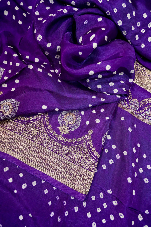 Dupion Silk Saree in Purple Color with Silver and Golden Zari Weaving with Bandhani Work