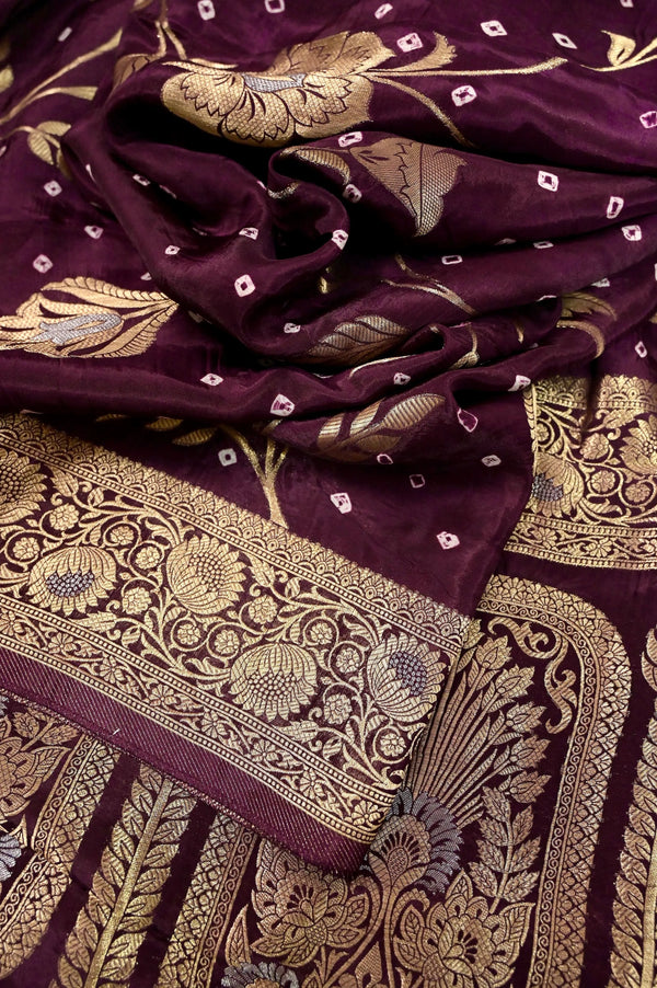 Dupion Silk Saree in Wine Color with Silver and Golden Zari Weaving with Bandhani Work