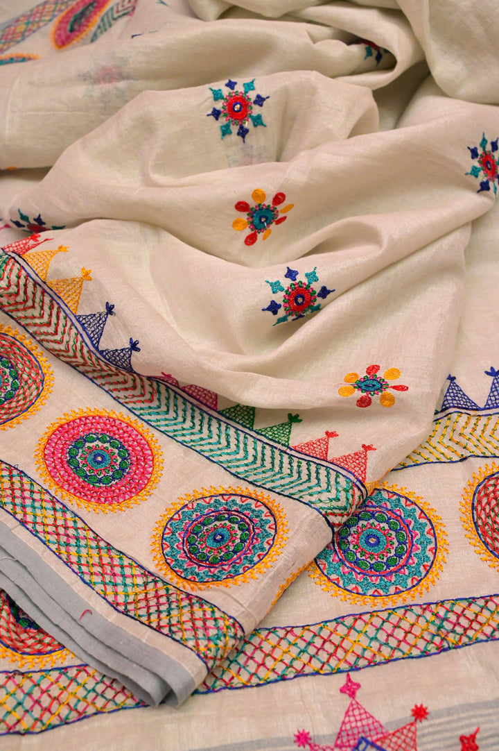 Dust Cream Color Cotton Tissue Saree with Lambani Embroidery