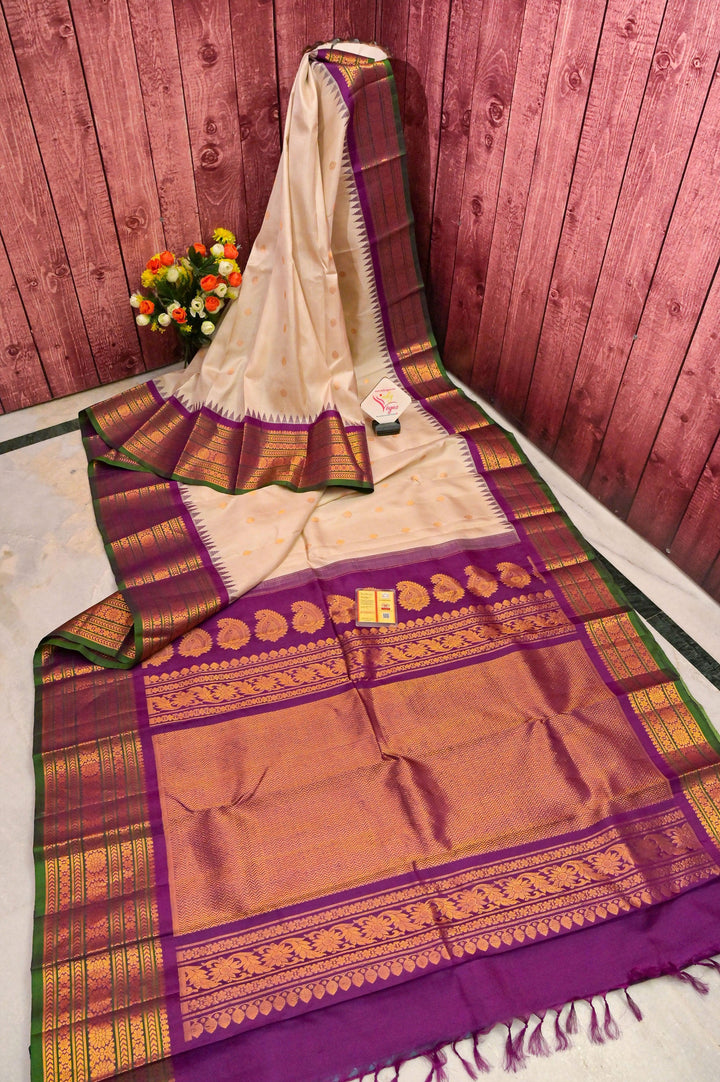 Dust Cream Color Pure Gadwal Silk Saree with Golden Buti Work