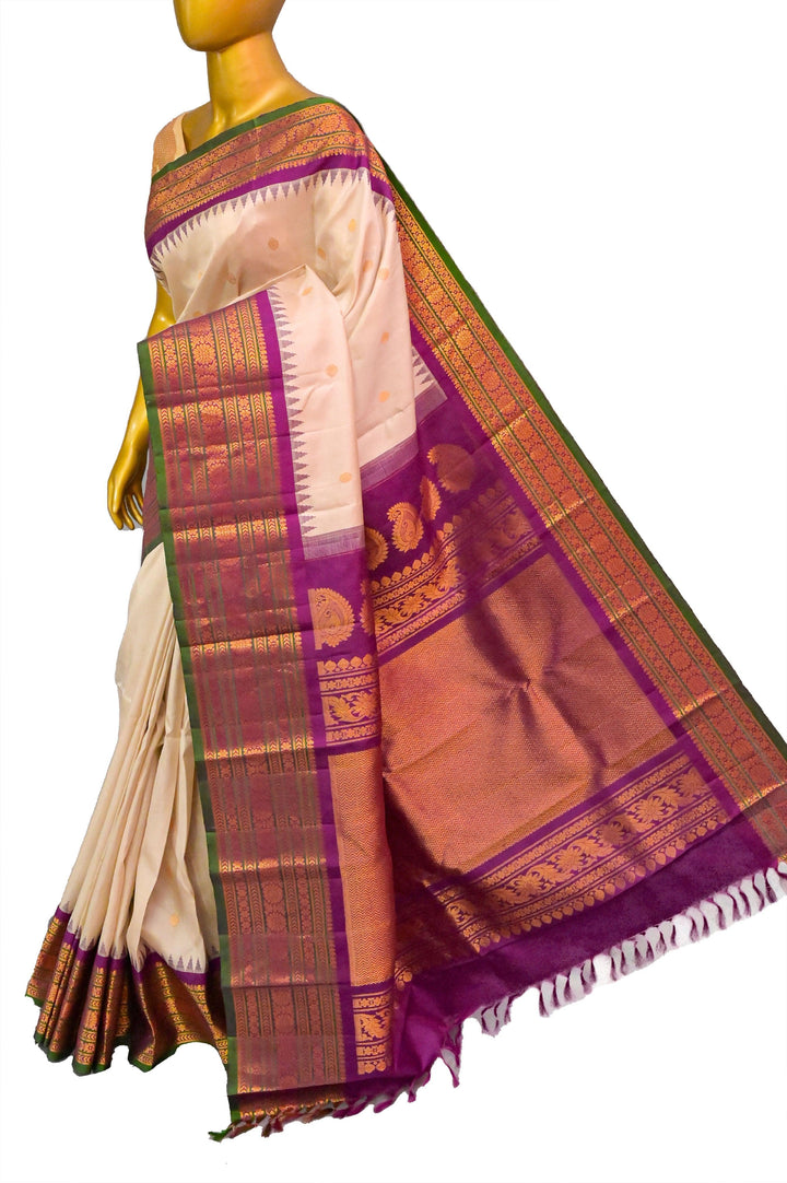 Dust Cream Color Pure Gadwal Silk Saree with Golden Buti Work