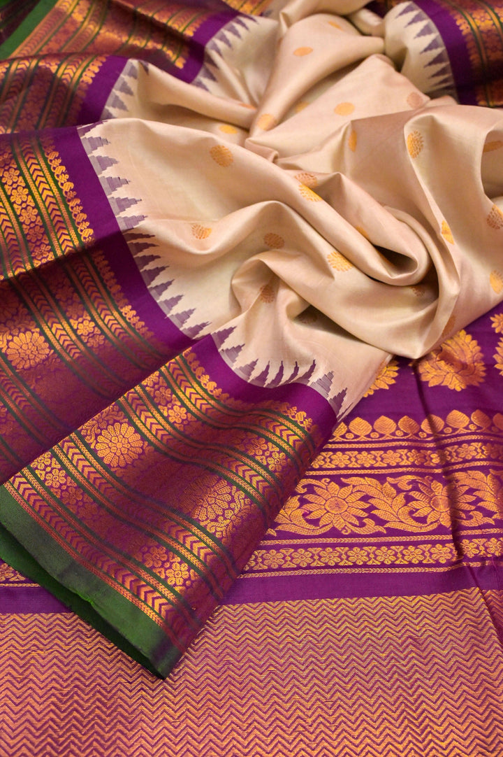 Dust Cream Color Pure Gadwal Silk Saree with Golden Buti Work
