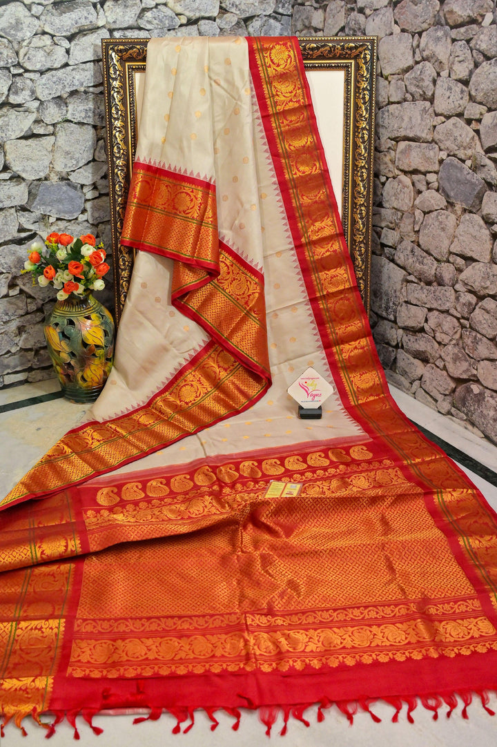 Dust Offwhite and Orangish Red Color Pure Gadwal Silk Saree with Broad Border