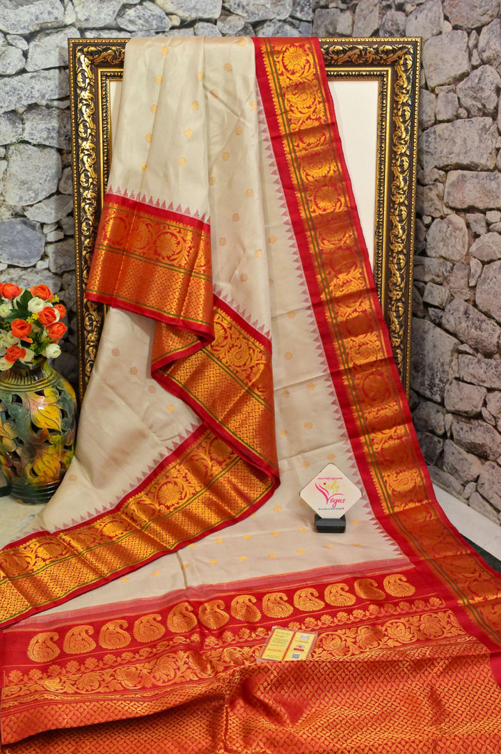 Dust Offwhite and Orangish Red Color Pure Gadwal Silk Saree with Broad Border