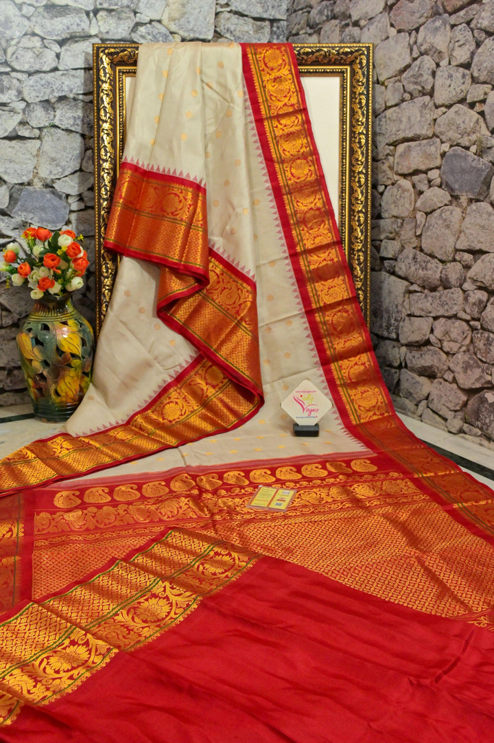 Dust Offwhite and Orangish Red Color Pure Gadwal Silk Saree with Broad Border