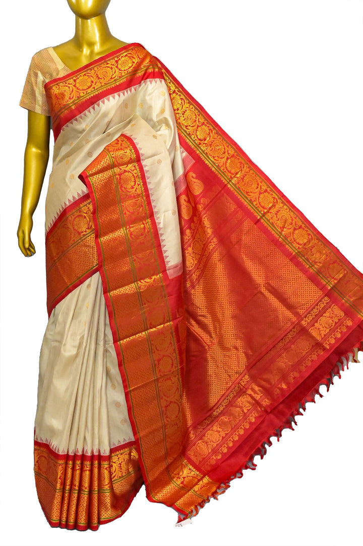 Dust Offwhite and Orangish Red Color Pure Gadwal Silk Saree with Broad Border