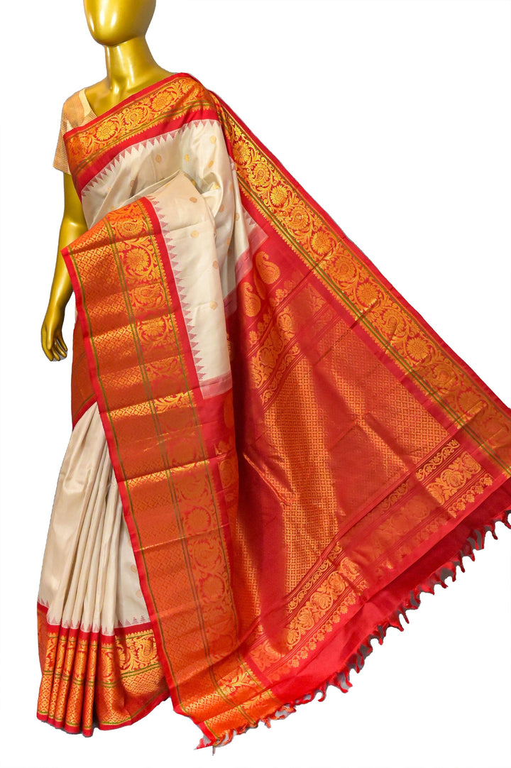 Dust Offwhite and Orangish Red Color Pure Gadwal Silk Saree with Broad Border