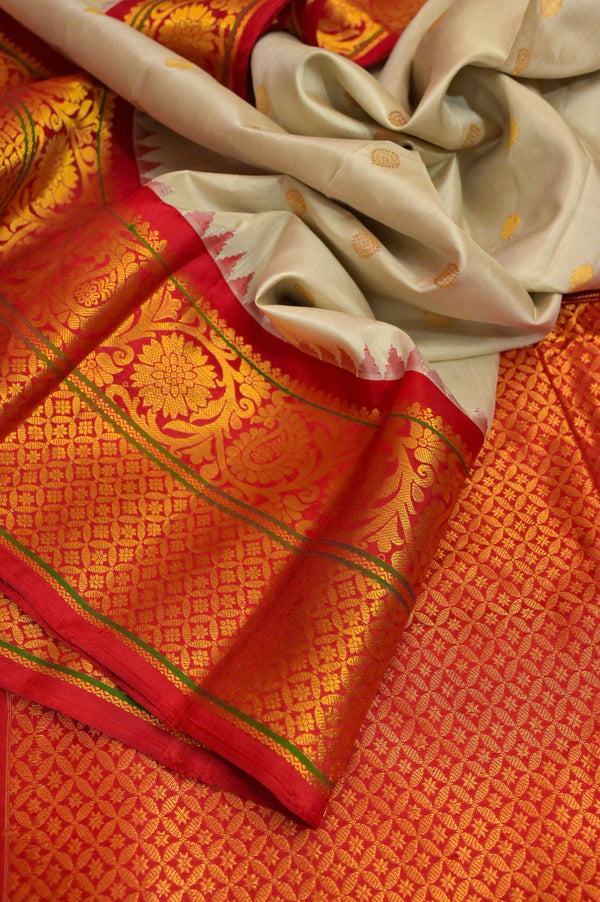 Dust Offwhite and Orangish Red Color Pure Gadwal Silk Saree with Broad Border
