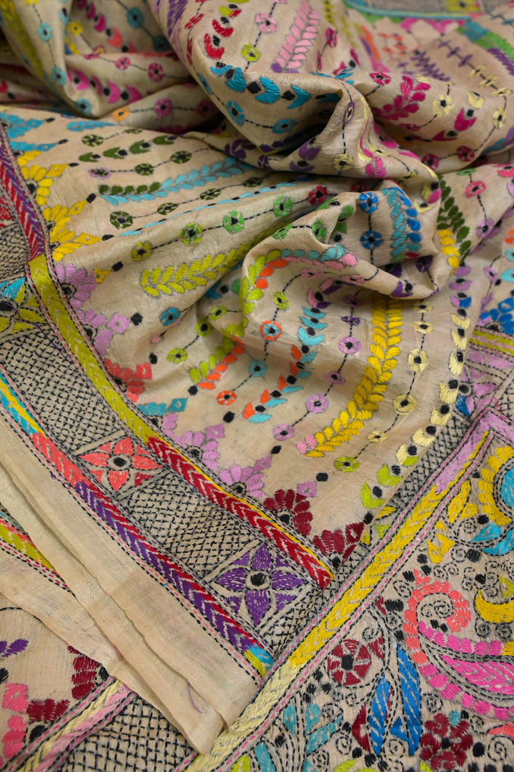 Dust Offwhite Color Pure Gachi Tussar with Allover Kantha Stitch Work