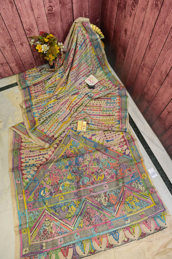 Dust Offwhite Color Pure Gachi Tussar with Allover Kantha Stitch Work