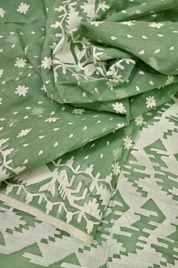 Dusty Green Color Pure Bangladeshi Jamdani Saree with Double Border