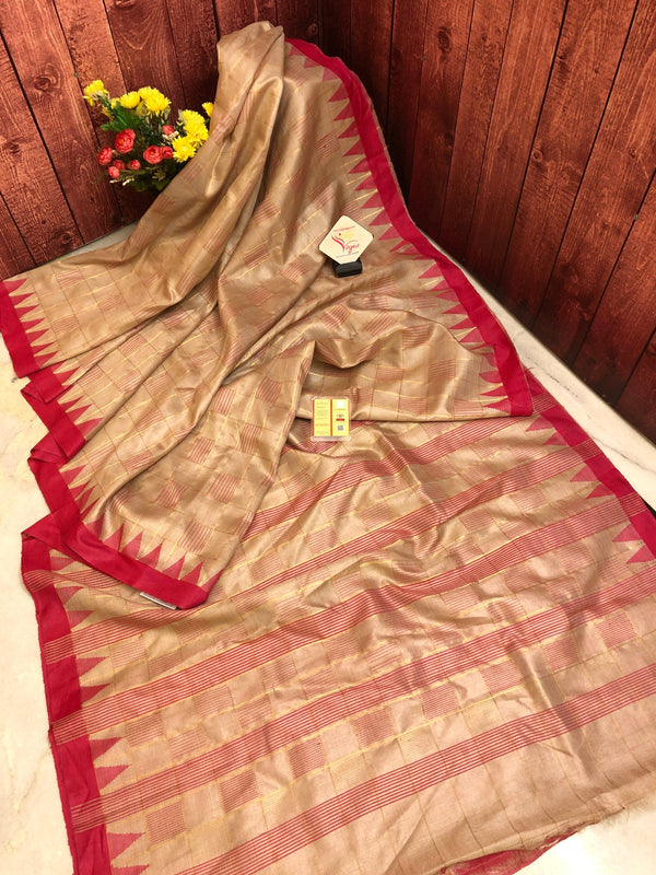 Dusty Offwhite Color Pure Tussar Silk Saree with Zari Check & Temple Border