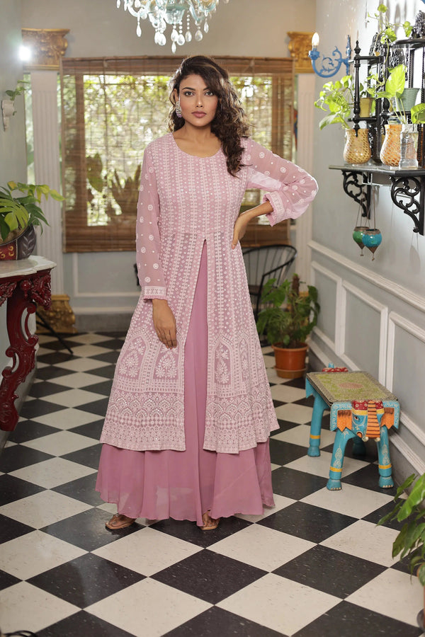 Dusty Pink Color Front-Slit Georgette Chikankari Designer Gown
